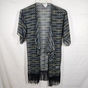 LuLaRoe Monroe Kimono Fringe Cardigan Small S Black ‎ Aztec Sheer Boho Festival